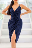 Black Sexy Party Solid Sequined V Neck Sling Dress Dresses