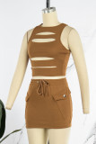Red Sexy Solid Hollowed Out Patchwork O Neck Sleeveless Two Pieces