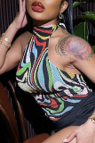 Black Sexy Print Patchwork Backless Halter Tops