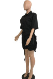 Blue Casual Solid Patchwork Frenulum Buckle Stringy Selvedge Turndown Collar Short Sleeve Two Pieces