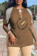 Coffee Casual Print Tassel Patchwork Slit V Neck T-Shirts