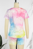 Pink Casual Letter Print Tie-dye O Neck Short Sleeve Two Pieces