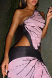 Purple Sexy Print Bandage Patchwork Backless Asymmetrical Oblique Collar Dresses