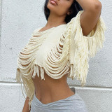 Apricot Sexy Solid Tassel Hollowed Out Patchwork Square Collar Tops