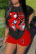 Black Red Casual Print Patchwork O Neck Short Sleeve Two Pieces