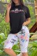 Black Casual Print Letter O Neck Short Sleeve Two Pieces