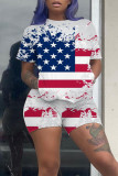 Red Casual Print Patchwork O Neck Short Sleeve Two Pieces