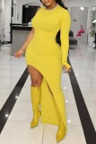 Coffee Casual Solid Slit O Neck Sleeveless Dress Dresses