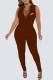 Brown Street Print Letter Zipper Collar Jumpsuits