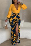 Yellow Casual Print Patchwork V Neck Long Sleeve Dresses