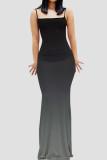 Black Sexy Gradual Change Print Patchwork Spaghetti Strap Sling Dress Dresses
