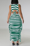 Red Casual Striped Print Patchwork Flounce O Neck Sleeveless Two Pieces