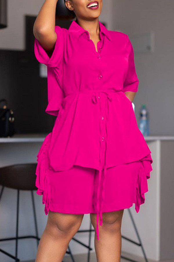 Rose Red Casual Solid Patchwork Frenulum Buckle Stringy Selvedge Turndown Collar Short Sleeve Two Pieces