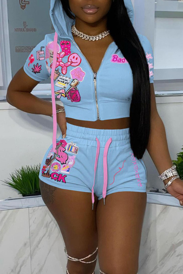 Light Blue Casual Street Print Patchwork Zipper Hooded Collar Short Sleeve Two Pieces