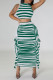 Green Casual Striped Print Patchwork Flounce O Neck Sleeveless Two Pieces