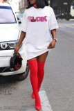 White Casual Print Basic O Neck T-shirt Dress Dresses