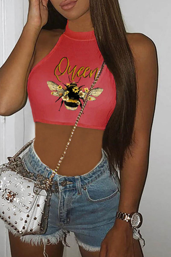 Brick Red Casual Print Basic O Neck Tops