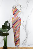 Colour Sexy Patchwork Bandage Backless Slit Spaghetti Strap Sleeveless Two Pieces