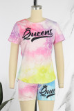 Pink Casual Letter Print Tie-dye O Neck Short Sleeve Two Pieces