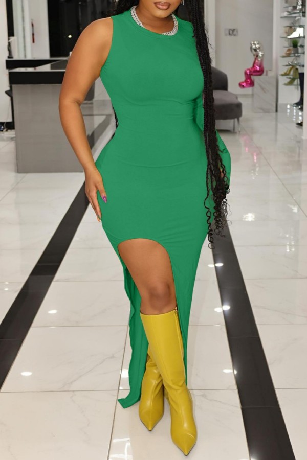 Green Casual Solid Slit O Neck Sleeveless Dress Dresses