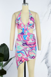 Colour Sexy Print Bandage Backless Halter Irregular Dress Dresses