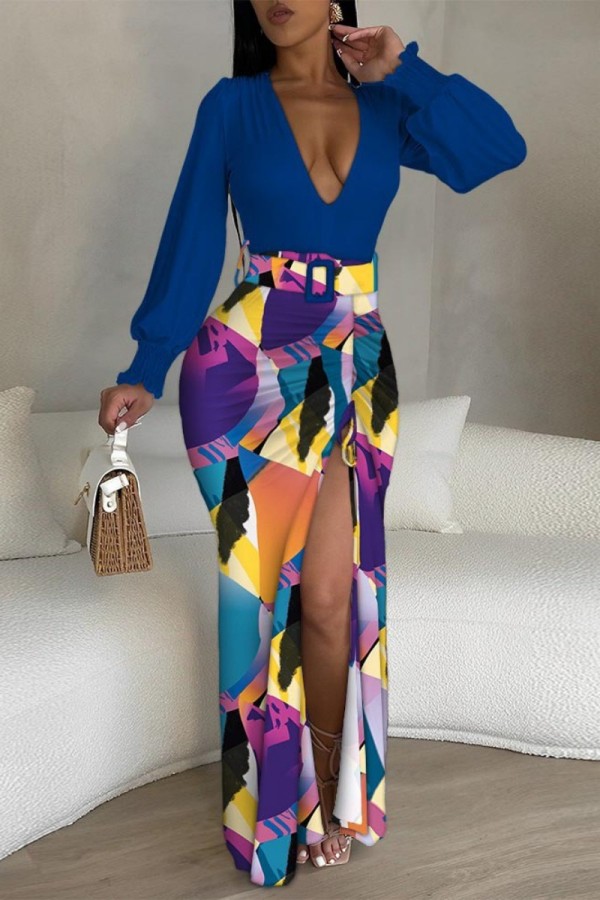 Blue Casual Print Patchwork V Neck Long Sleeve Dresses