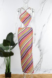 Colour Sexy Patchwork Bandage Backless Slit Spaghetti Strap Sleeveless Two Pieces