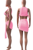 Pink Sexy Solid Patchwork Frenulum Asymmetrical O Neck Sleeveless Two Pieces