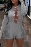 Black Sexy Solid Hollowed Out See-through O Neck Skinny Romper