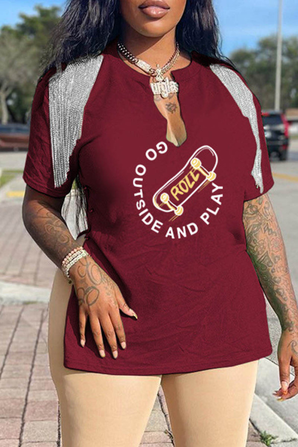 Burgundy Casual Print Tassel Patchwork Slit V Neck T-Shirts