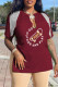 Burgundy Casual Print Tassel Patchwork Slit V Neck T-Shirts