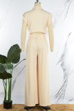 Apricot Casual Solid Patchwork Buckle Turn-back Collar Straight Jumpsuits