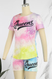 Pink Casual Letter Print Tie-dye O Neck Short Sleeve Two Pieces