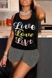 Black Casual Print Basic U Neck Sleeveless Two Pieces