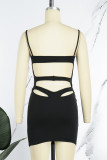 Black Sexy Solid Hollowed Out Backless Spaghetti Strap Sleeveless Dress Dresses