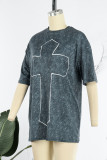 Dark Gray Casual Street Print Patchwork O Neck T-Shirts