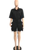 Blue Casual Solid Patchwork Frenulum Buckle Stringy Selvedge Turndown Collar Short Sleeve Two Pieces