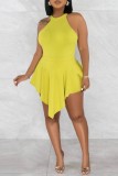 Yellow Sexy Casual Solid Hollowed Out Backless Asymmetrical O Neck Skinny Romper