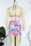 Colour Sexy Print Bandage Backless Halter Irregular Dress Dresses