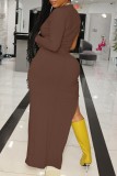 Coffee Casual Solid Slit O Neck Sleeveless Dress Dresses
