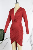 Red Sexy Solid Patchwork V Neck Pencil Skirt Dresses