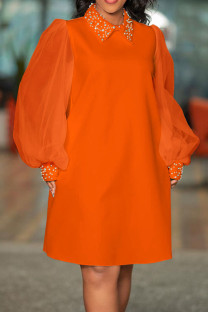 Tangerine Red Casual Elegant Solid Patchwork Beading Turndown Collar Straight Dresses