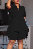 Blue Casual Solid Patchwork Frenulum Buckle Stringy Selvedge Turndown Collar Short Sleeve Two Pieces