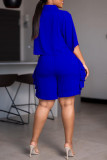 Blue Casual Solid Patchwork Frenulum Buckle Stringy Selvedge Turndown Collar Short Sleeve Two Pieces