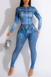 Blue Casual Print Basic O Neck Skinny Jumpsuits