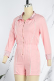 Pink Casual Solid Patchwork Zipper Collar Regular Romper