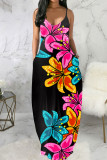 Yellow Blue Casual Print Patchwork Spaghetti Strap Sling Dress Dresses