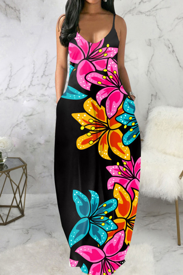 Black Rose Red Casual Print Patchwork Spaghetti Strap Sling Dress Dresses