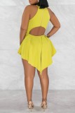 Yellow Sexy Casual Solid Hollowed Out Backless Asymmetrical O Neck Skinny Romper