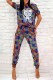 Multi-color Street Print Letter O Neck Short Sleeve Two Pieces